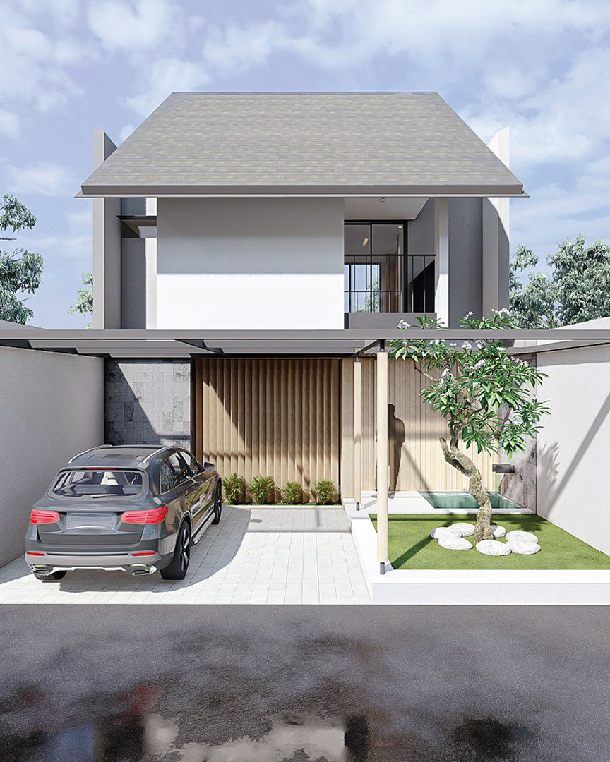 Beachfront Villa Construction, modern villa with pool and palm trees near the beach under blue sky